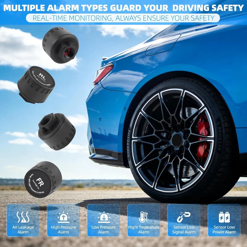 YNF Tire Pressure Monitor: 4 external sensors compatible Real-time tire pressure Temperature monitoring Non-destructive installa