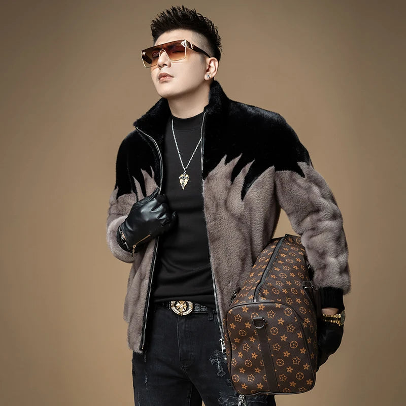 High-End Luxury Men's Fur Coat Winter Thick Warm Gold Mink Velvet Jacket Upper Body Clothing Polyester Fiber Long Sleeve Zipper