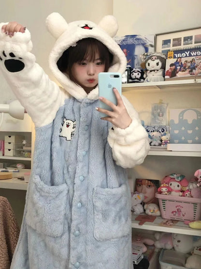 Thickened Coral Fleece Sleep Robe for Women Winter Home Clothes Couples Pajamas Cute Warm Long Cartoon Patterned Robe
