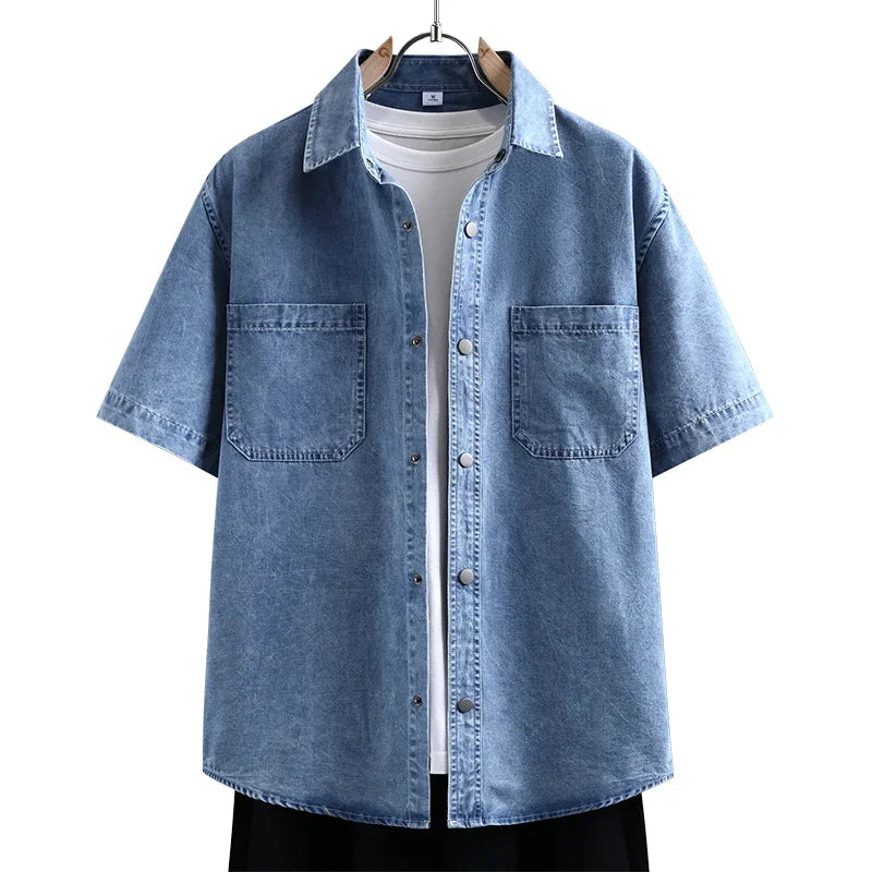 Men's Thin Denim Shirt New Summer Fashion Breathable Cotton Blend Casual Short Sleeve Shirt Solid Color Daily Commute Streetwear