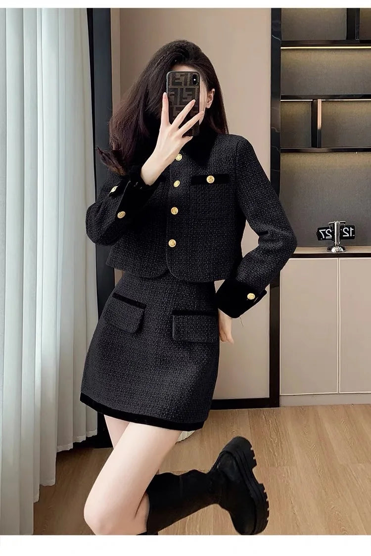 High-End  Style Women's Outerwear Set Autumn Winter New Design High Waist  Skirt Two-Piece Suit Fashionable And Warm