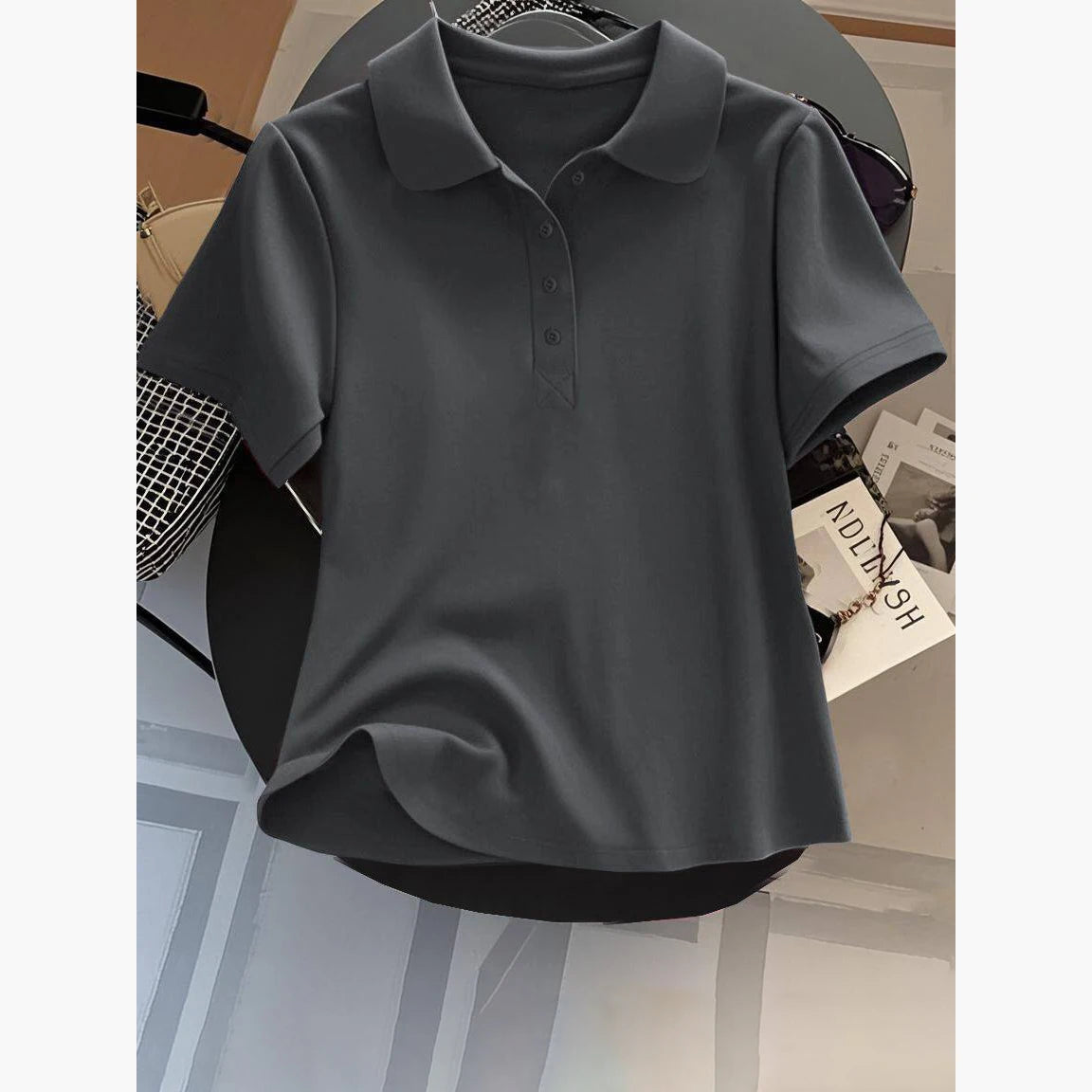 Loose Fit Women's  Neck Short Sleeve Cotton T-Shirt Casual Button up Top Korean Style Summer Fashion Ladies' Shirt