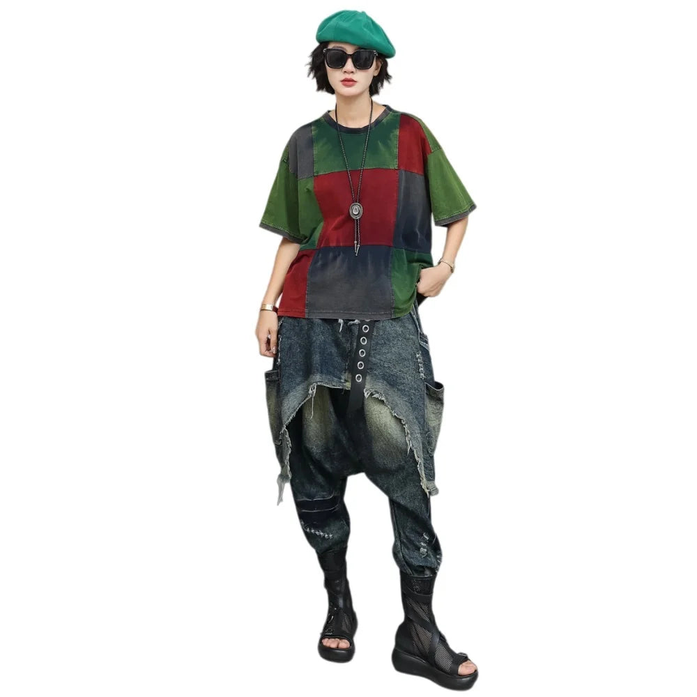 Color-blocked Suit Women Short-sleeve T-shirt + Loose Faux Two-piece Denim Drop-crotch Pants Two Piece Set Summer XY311