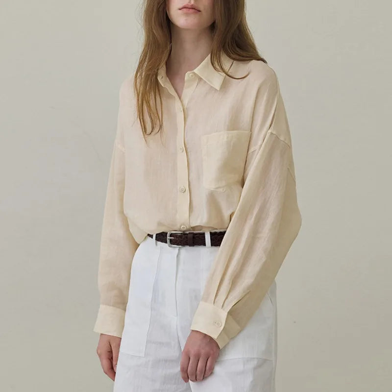 100% Ramie Thin Breathable Women Shirt Chic French Lapel Single-Breasted Cardigan Ladies Loose Simple Long-Sleeved Shirts