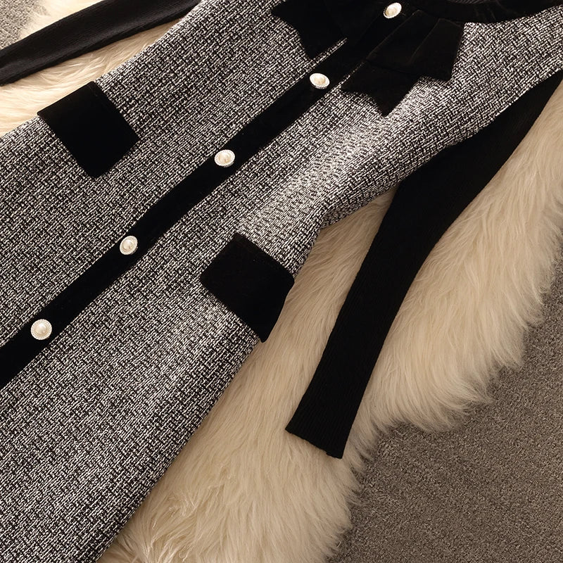 Spring Autumn Winter Tweed Color Block Vest Skirt Set  Knot Elegant Fashionable Two Piece Set Women's Luxury Style
