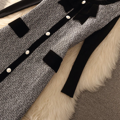 Spring Autumn Winter Tweed Color Block Vest Skirt Set  Knot Elegant Fashionable Two Piece Set Women's Luxury Style