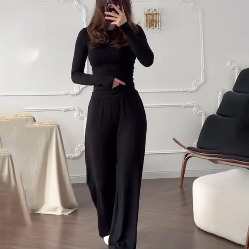 Women's Fashionable round Neck Long Sleeve Elastic Waist Pants Set Casual Style Two-Piece Suit Autumn Collection Trendy Outfit