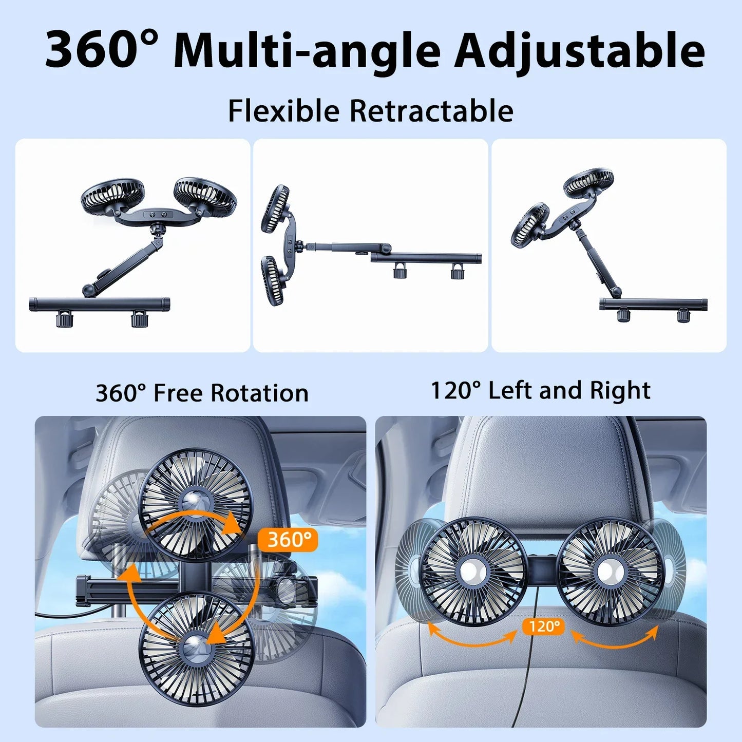 Hipacool Battery Dual Head Fan for Car Backseat with Retractable Long Arm USB Rechargeable Car Seat Headrest Cooling Fan