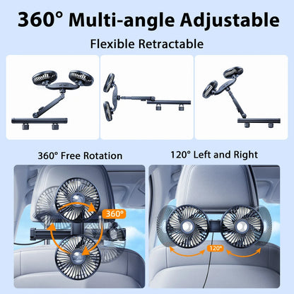 Hipacool Battery Dual Head Fan for Car Backseat with Retractable Long Arm USB Rechargeable Car Seat Headrest Cooling Fan