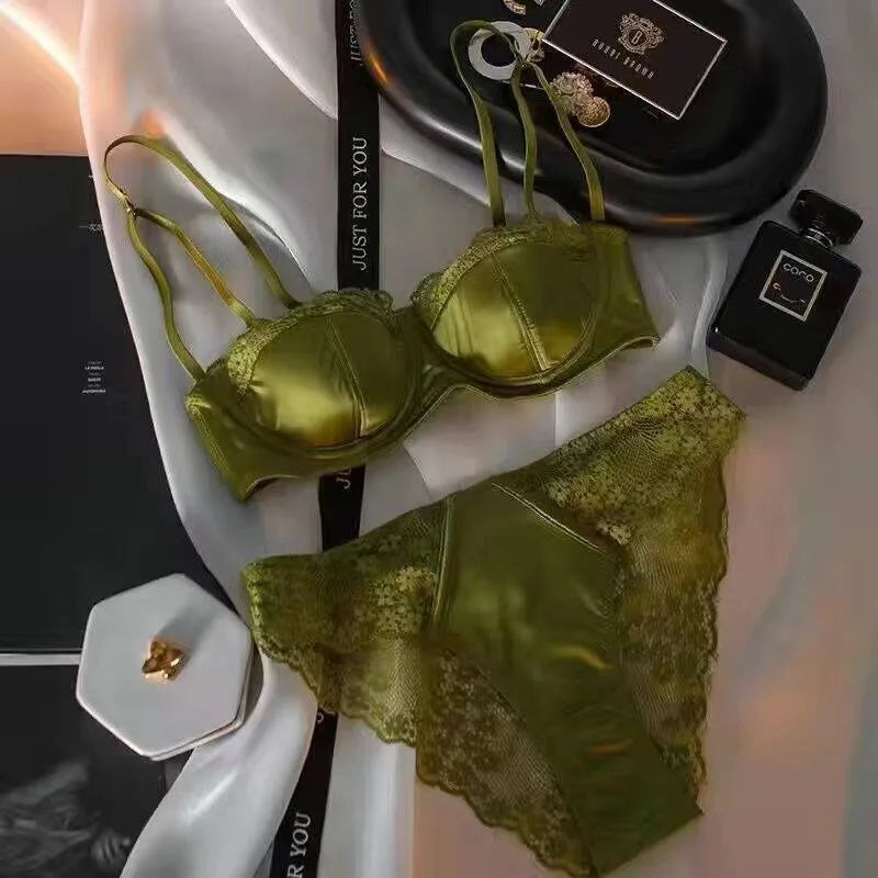 French Half Cup Lace Underwired Bra Set Ladies Thin Push Up Gather Fit No Gap Small Bust Comfortable Sexy Lingerie Two Piece Set