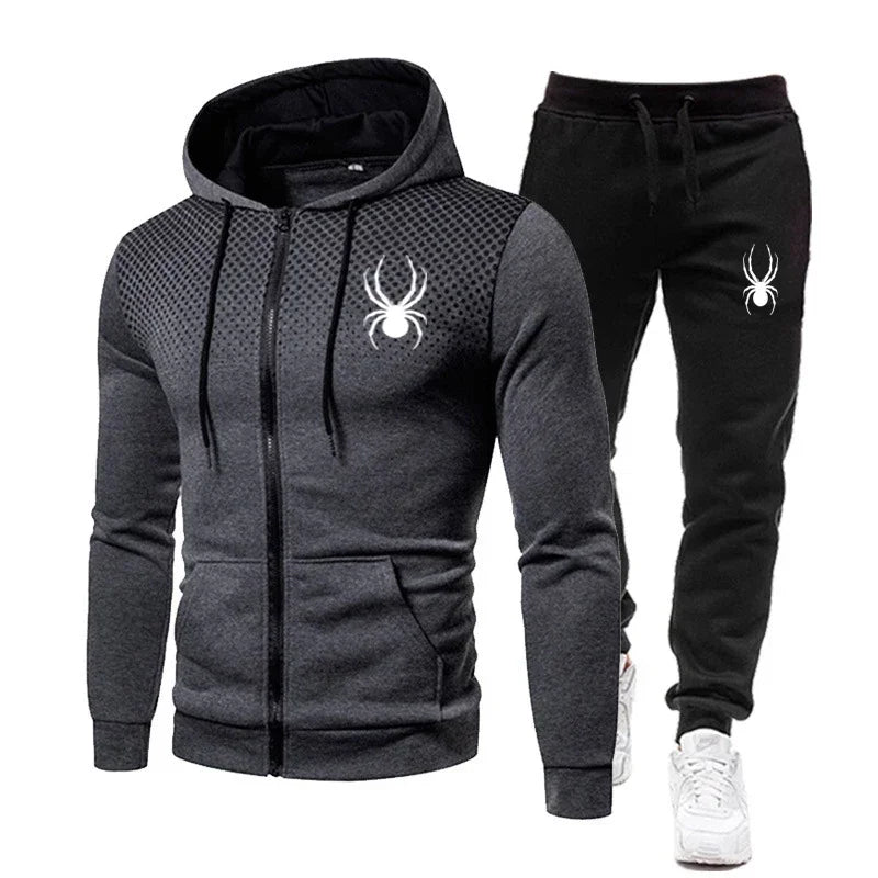 2026 Spring Winter spider print zipper long-sleeved hoodie + stretch waist pants two-piece men's sports jogging fitness suit