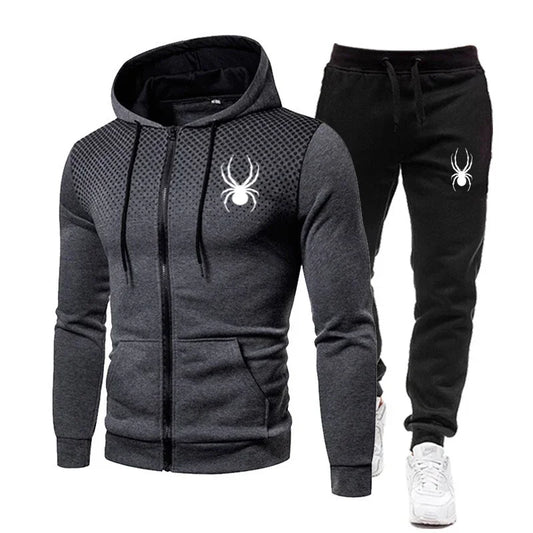 2026 Spring Winter spider print zipper long-sleeved hoodie + stretch waist pants two-piece men's sports jogging fitness suit