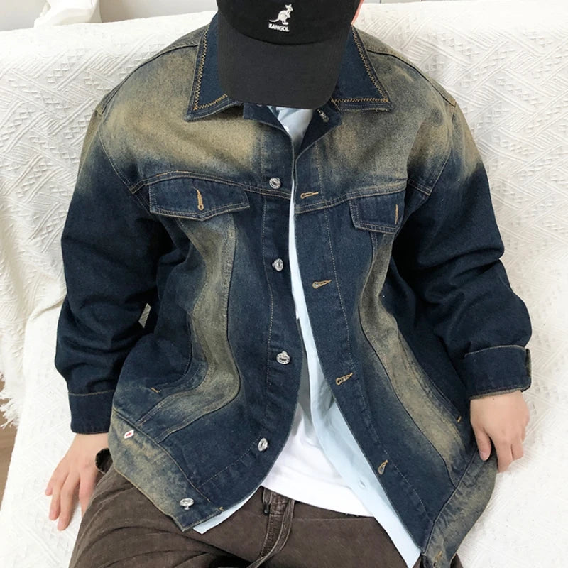 American Vintage Heavyweight Denim Jackets For Men Distressed Washed Fade Korean Streetwear Casual Coat Outerwear High Quality