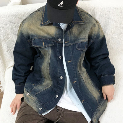 American Vintage Heavyweight Denim Jackets For Men Distressed Washed Fade Korean Streetwear Casual Coat Outerwear High Quality