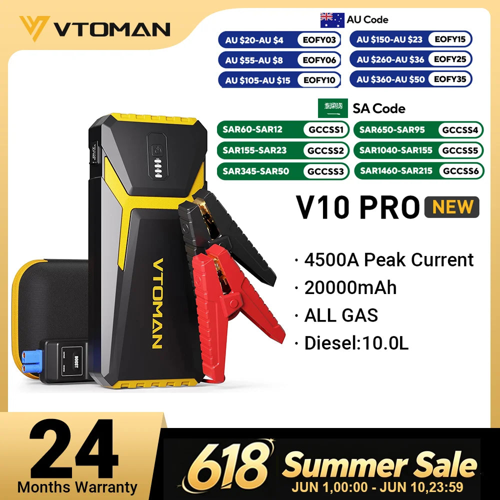 VTOMAN Power Bank 20000mAh Jump Starter Portable Charger Car Booster 4500A Auto Starting Device Emergency Car Battery Starter