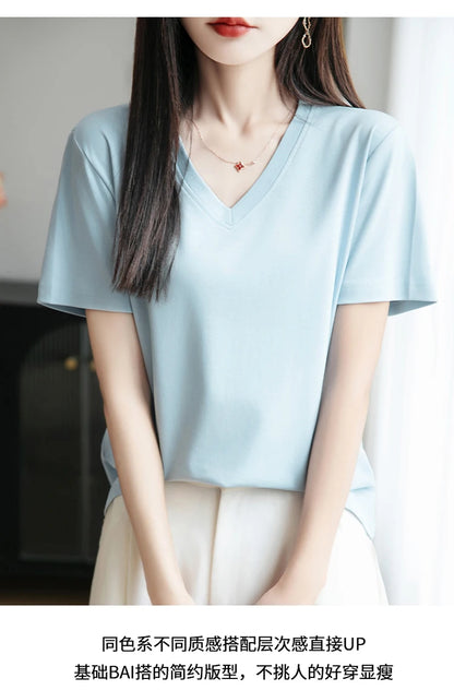 2026 Summer New Pure Cotton V-neck Short-sleeved T-shirt Women's Solid Color Joker Pullover Shirt with Loose Sleeve Bottom Shirt