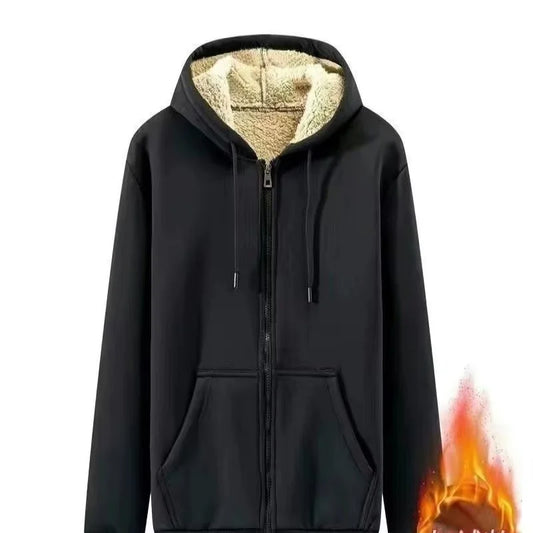 2026 autumn and winter plus plush thick loose oversized solid color cardigan hooded zipper sweatshirt men's lambskin warm jacket