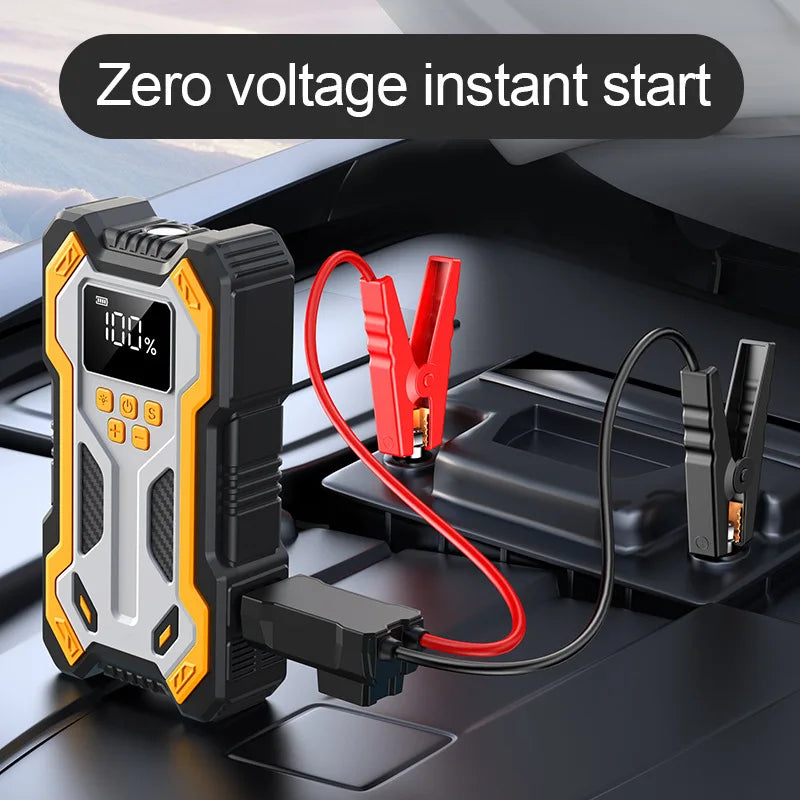10000mAh 12V Multi-Function Car Jump Starter, Air Compressor & Wireless Power Bank Smart Clamps Gas & Diesel Cars
