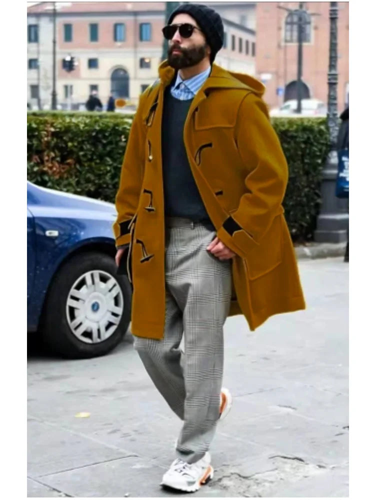 Streetwear Men's Jacket Casual Trench Horn Buttons Loose Hooded Outerwears Jackets Extra-long Men Clothing For Autumn Winter