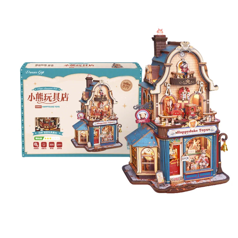 Bear Toy Shop Building Blocks 305 Pcs LED Light Music,3D Wooden Puzzles for Adults, Kids Gift Birthday Present Room Decor