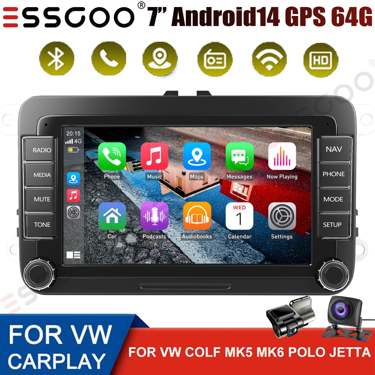 7" Car Stereo Android 14 For VW Volkswagen Jetta Passat Golf MK5 MK6 Apple Carplay GPS Navigation FM Radio WiFi SWC Head Unit BT