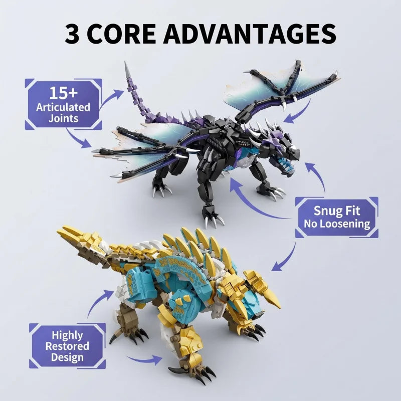 Large Double Dragon Building Block Set, Double Dragon Assembly Toy, Can Be Used as a Display Collectible or for Role-Playing, An