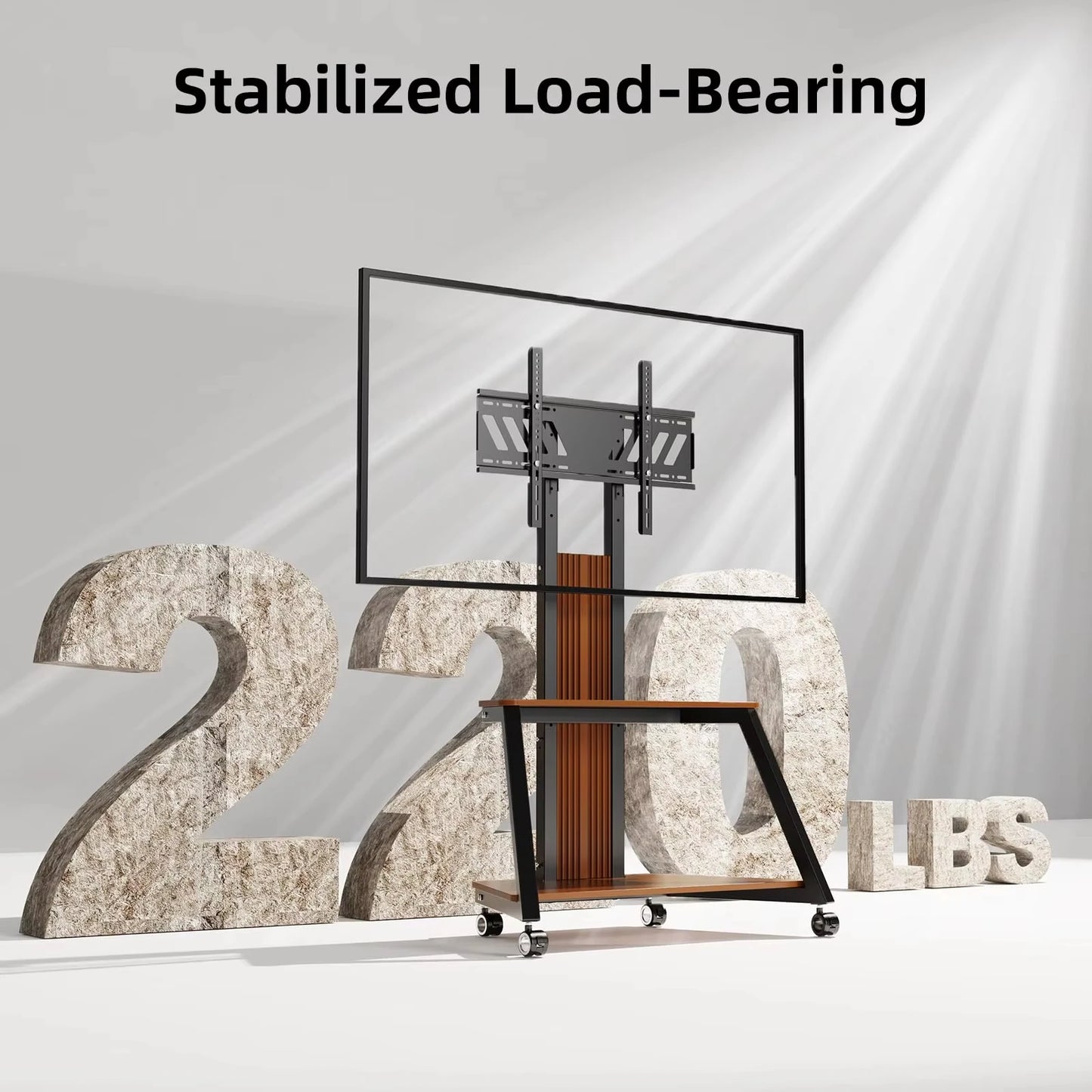 Heavy Duty Mobile TV Stand TV Cart 40-80 Inch, Portable TV Floor Stand with Wooden Shelves, Height Adjustable Holds up to 220lbs