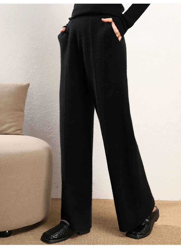 Women's 100% Cashmere Wide Leg Pants Knitted Thick Autumn/Winter Casual Solid Color Elastic Waistband Pockets