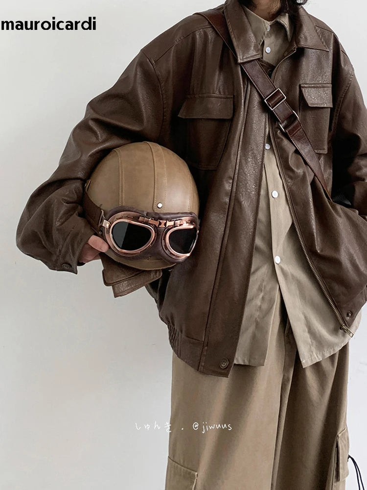 Mauroicardi Autumn Winter Vintage Oversized Cool Brown Black Soft Pu Leather Jacket Men Pockets Loose Casual Unisex Clothes 2023