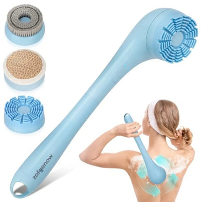 Electric Body Brush, Waterproof Back Scrubber for Shower with Long Handle and 3 Heads, Rechargeable Exfoliating Brush for Body