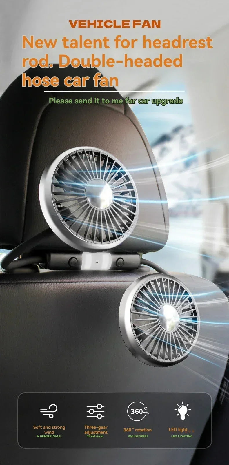 360° Rotation Double Head Car Back Seat Fan 3-speed Wind Adjustment USB Auto Cooling Fans for Summer Car Accessorie