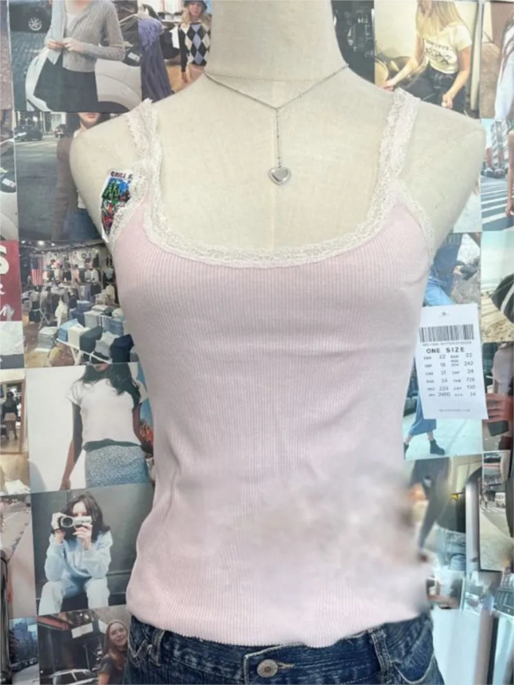 Vintage Lace Trim Blue Ribbed Camis Women New Casual Streetwear Slim Sexy Cotton Sleeveless Vests Sweet Cute Chic Tank Tops Y2K