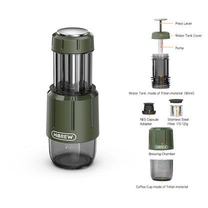 HiBREW 2 in 1 Portable Coffee Machine Hot/Cold Water Manual Espresso Maker For Capsule & Ground Hand Press Brewer H4D