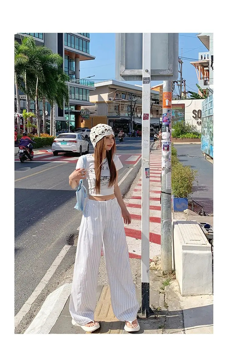 High-waist loose wide-leg pants, spring and summer new drawstring vertical striped versatile straight-leg casual pants for women