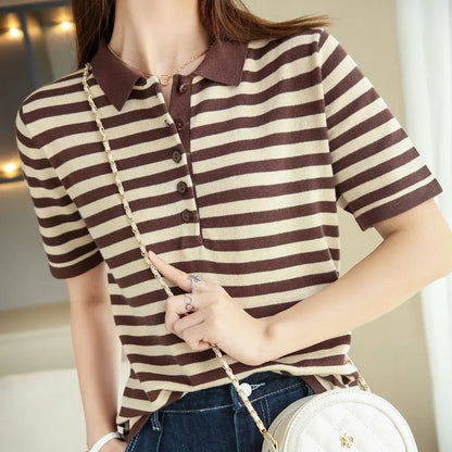 Women's Summer Cotton Yarn Knit Top, Polo Collar Striped Print Slim Fit Short Sleeve Pullover, Elegant Casual Wear