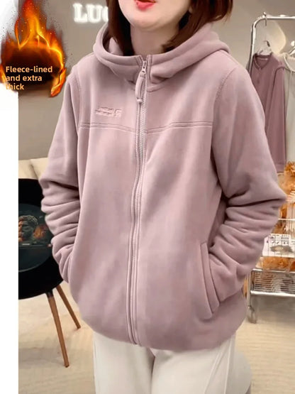 Autumn Winter Thickened Fleece Hoodie Jacket Women's Casual Slimming Versatile Long Sleeve Zipper Closure  Color Sweatshirt
