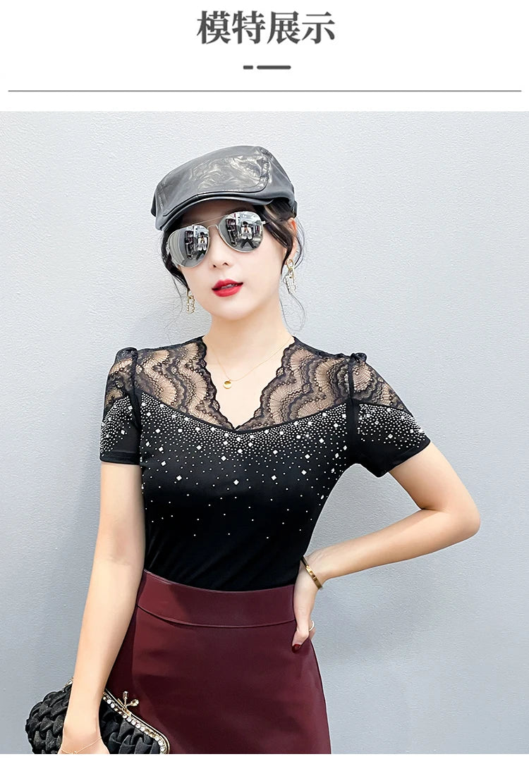 2026 Summer Women Tops New Korean Fashion Diamond Mesh T Shirt V-neck Short Sleeved Patchwork Lace Shirt