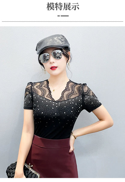 2026 Summer Women Tops New Korean Fashion Diamond Mesh T Shirt V-neck Short Sleeved Patchwork Lace Shirt