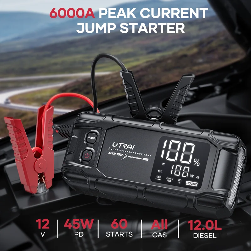 UTRAI 26800mAh 6000A Car Jump Starter Powerful Portable Power Bank PD45W Fast Charging 6.0" LED Screen Emergency Starting Device