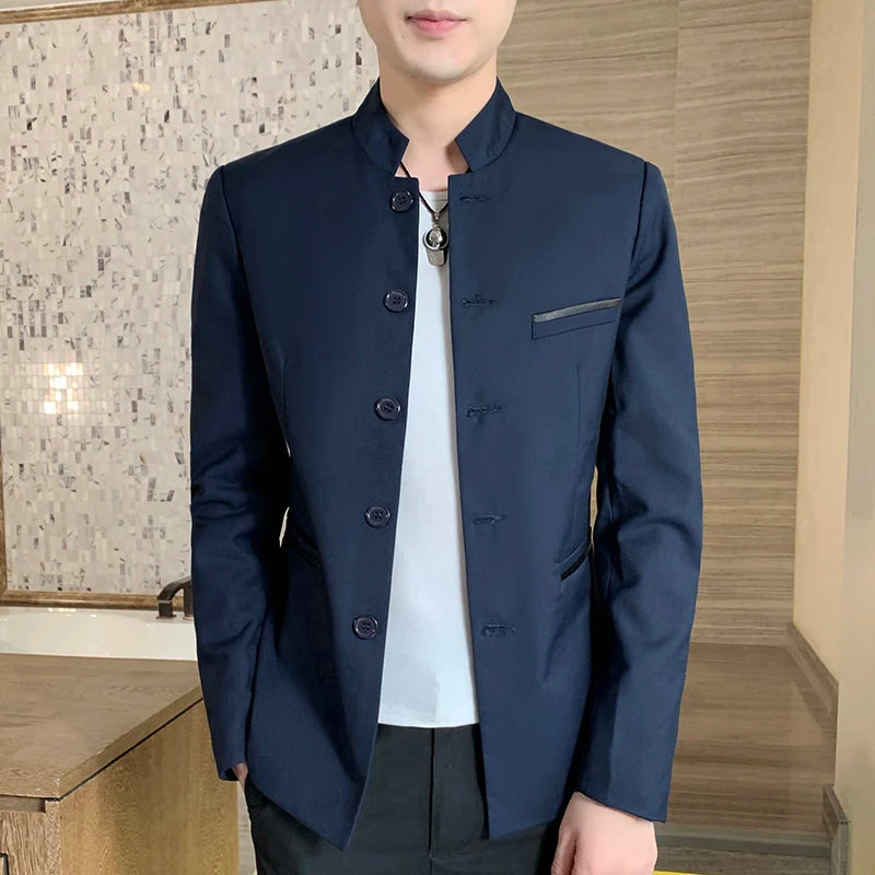 Blazer Men's Zhongshan Suit, Fashionable Business Wedding, Slimming Gentleman, Casual High Upright Suit, Stand-up Collar Blazer