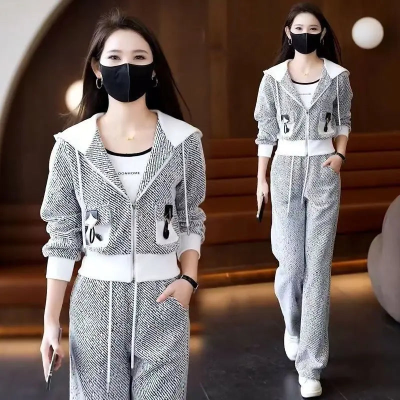 Brand Women's Autumn Sweater Jacket Wide Leg Pants Two-Piece Set Korean Style Loose Fit Long Sleeve Zipper Closure Fashion En...