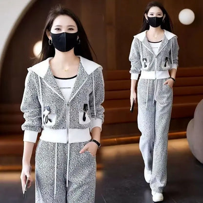 Brand Women's Autumn Sweater Jacket Wide Leg Pants Two-Piece Set Korean Style Loose Fit Long Sleeve Zipper Closure Fashion En...