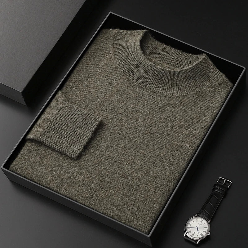 100% Pure Cashmere Sweater Men's Half High Collar Solid Color Pullover Fashion New Knit Undercoat  Autumn and Winter Long Sleeve