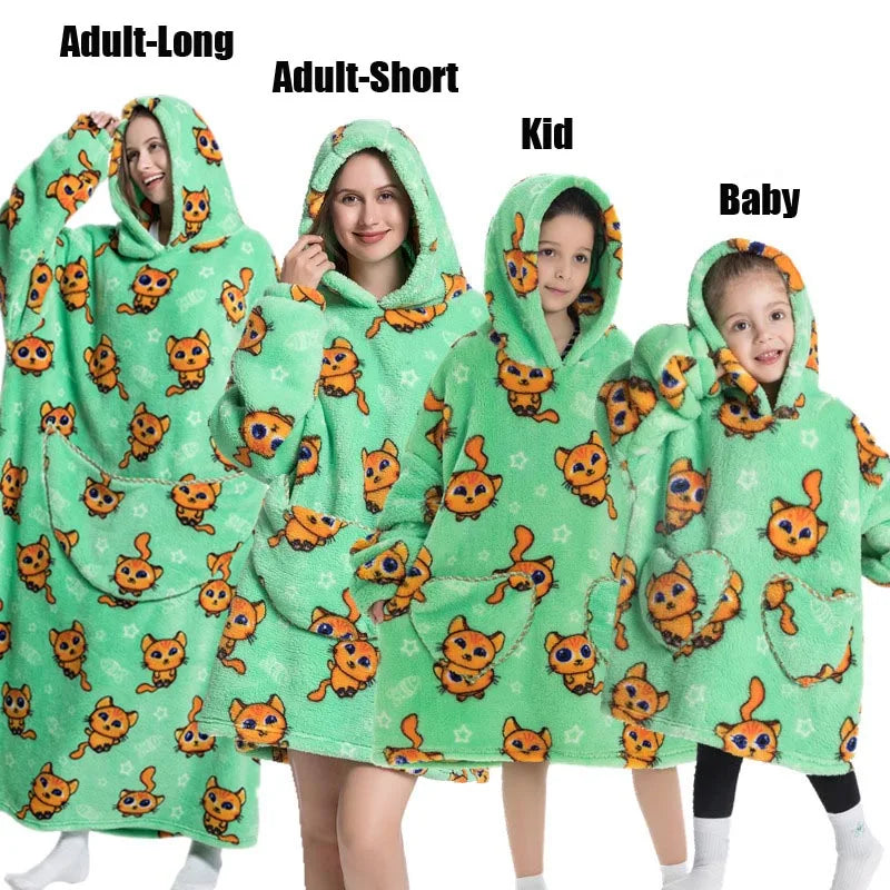 Halloween Family Matching Blanket Hoodies Women Cartoon Bear Dinosaur Sweatshirts Adult Oversized Warm Pullover Winter Clothes