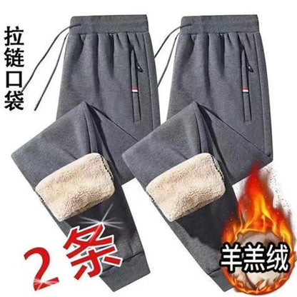 Men's Autumn Winter Thickened Large Size Lamb Velvet Fleece Lined Warm Loose Casual Pants Polyester Fiber Youth Pure Color