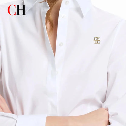 CH Fashion Women's Shirt High Quality Brand Letter Label Accessories Pure White 2025 New Women's Sexy Long Sleeve Shirt