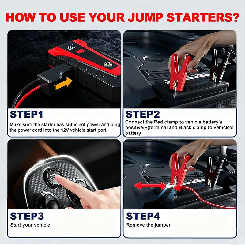 2026 New 12V Portable Jump Starter Equipped with Rechargeable Lithium Dual USB Ports LED Light Emergency Car Battery Booster