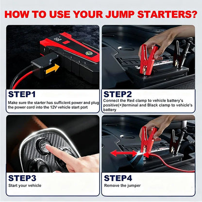 2026 New 12V Portable Jump Starter Equipped with Rechargeable Lithium Dual USB Ports LED Light Emergency Car Battery Booster