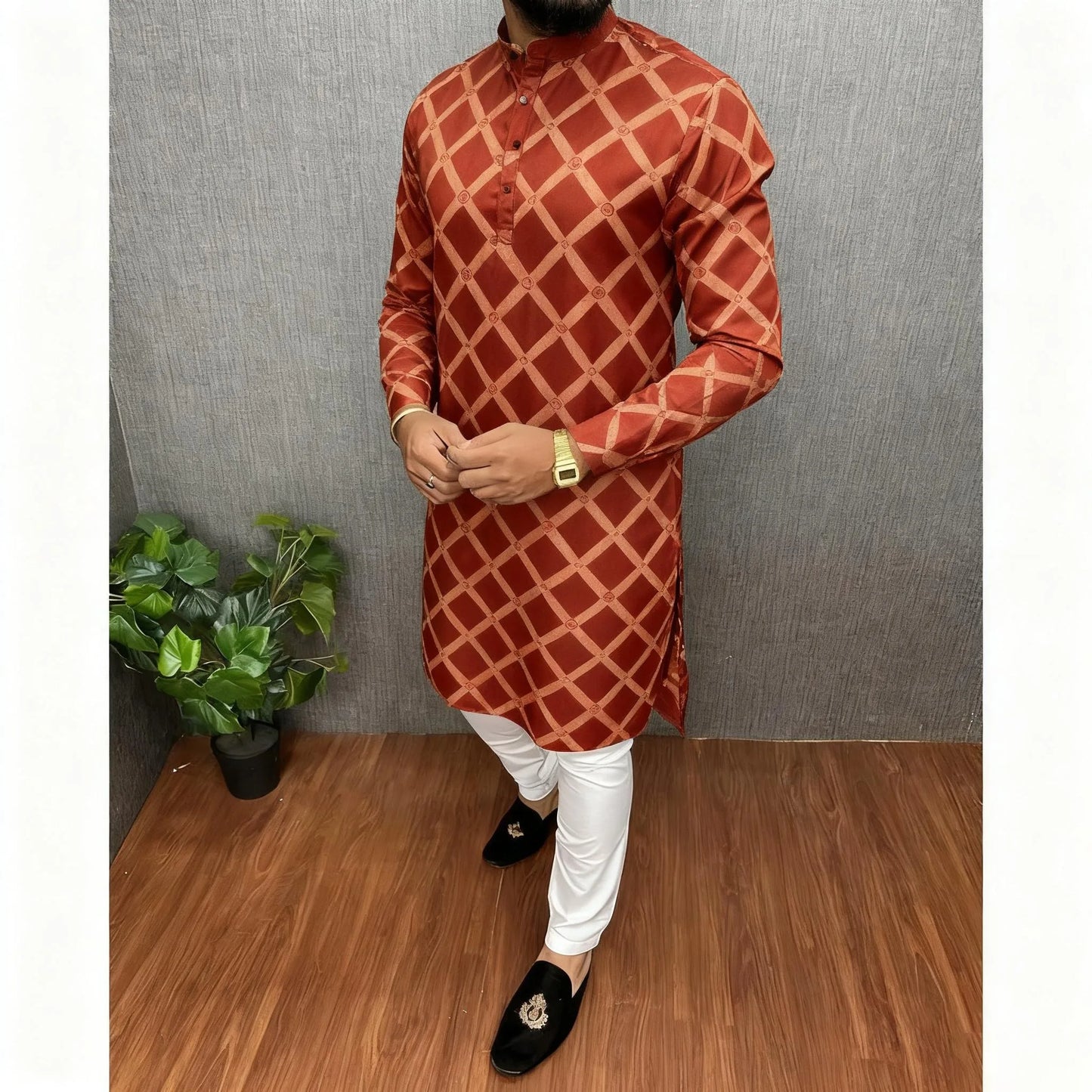 Men Islamic Arabic Abaya Robe Ethnic Print Stand Collar Youth Mid-length Shirt Luxury Coat Moslim Kleding Vestiti Musulmani Uomo