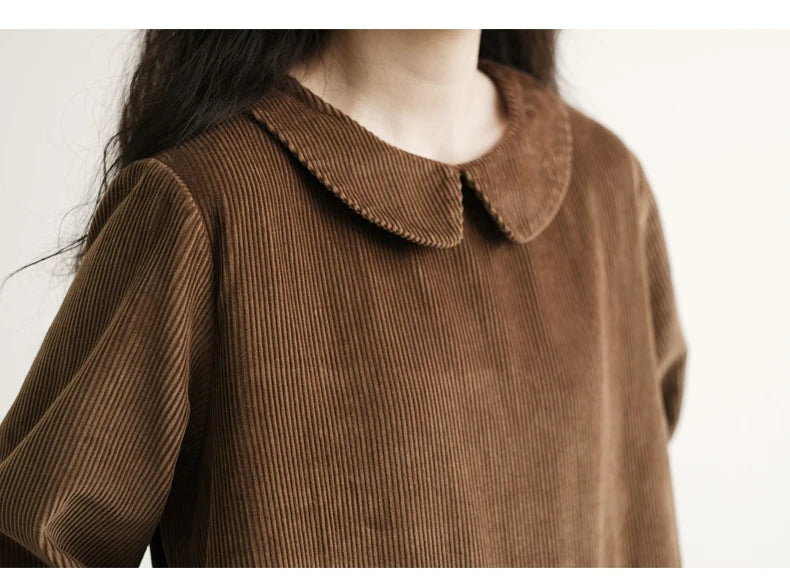Japanese Style Long Sleeve Corduroy A-Line Dress Loose Slimming Simple Design Women's plus Size Dress Daily Wear Long Dress